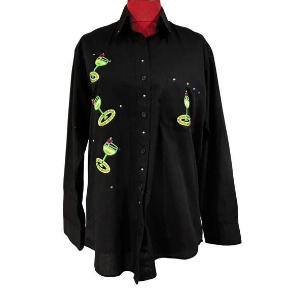 NYE Las Olas size S black green bejeweled blouse margarita glasses button front - Picture 1 of 9